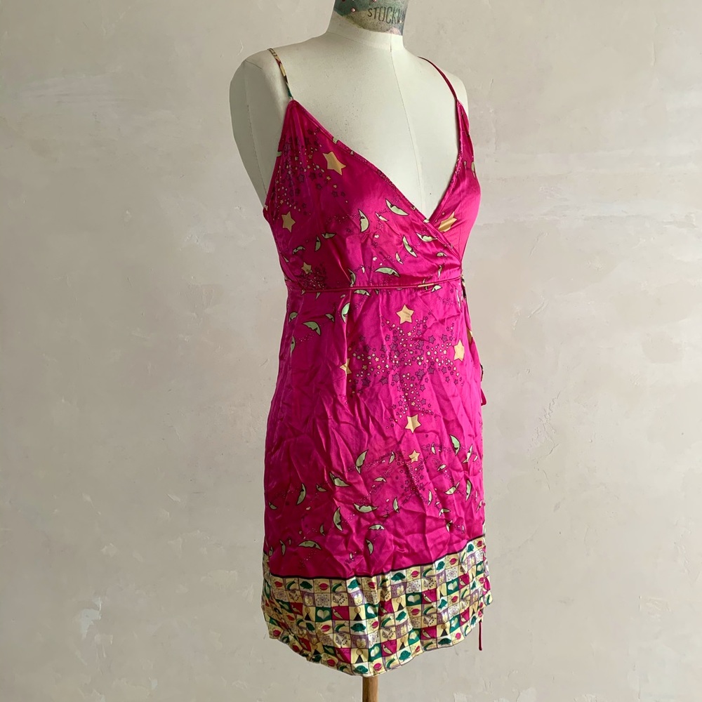 Vintage Cosmic Pink Satin Wrap Dress